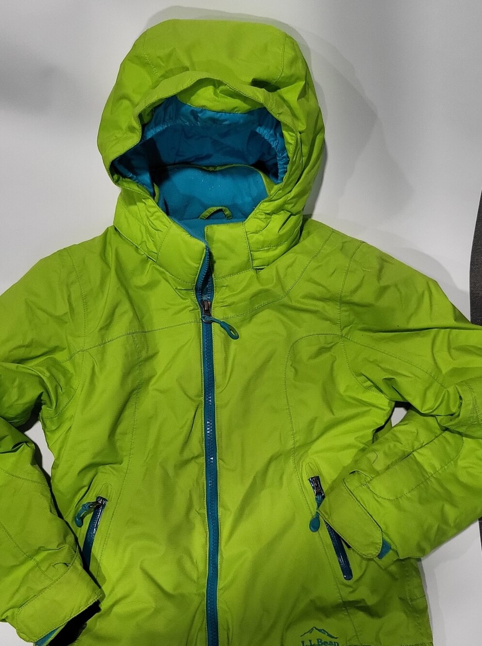 L.L. Bean Kids' Lime Green Hooded Raincoat with Teal Accents